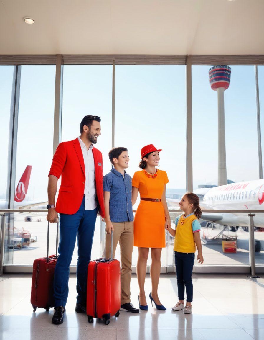 A cheerful family at an airport, joyfully interacting with friendly airline staff while checking in. Capture the excitement of travelers boarding the aircraft with beautiful views of Turkish landmarks through the terminal windows. Include vibrant colors that depict the warmth of the Turkish culture. super-realistic. vibrant colors. white background.