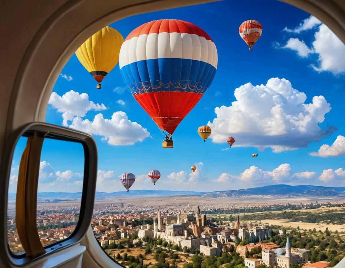 A serene sky filled with fluffy white clouds and a joyful passenger gazing out of an airplane window, with a backdrop of the majestic Turkish landscape below, featuring famous landmarks like the Hagia Sophia and Cappadocia hot air balloons. The scene should radiate happiness, with vibrant colors showcasing the bright blue sky and the warm golden hues of Turkey's scenery. super-realistic. vibrant colors. 3D.