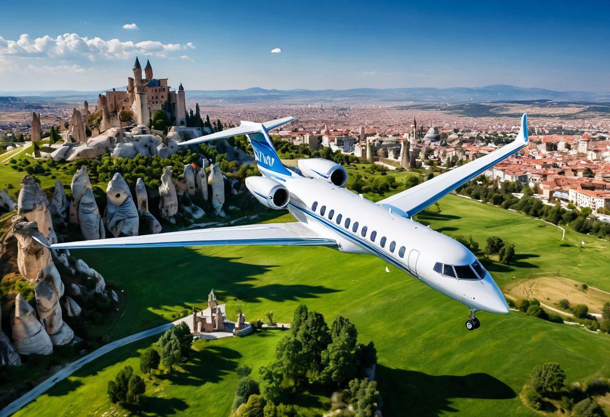 A stunning aerial view of a luxurious private jet taking off against a backdrop of iconic Turkish landmarks like the Hagia Sophia and Cappadocia's fairy chimneys. Below, a family is enjoying a picnic on the lush green ground, with excitement in their eyes as they gaze at the soaring plane. Bright blue sky with fluffy clouds emphasizes a sense of adventure and exploration. super-realistic. vibrant colors. 3D.